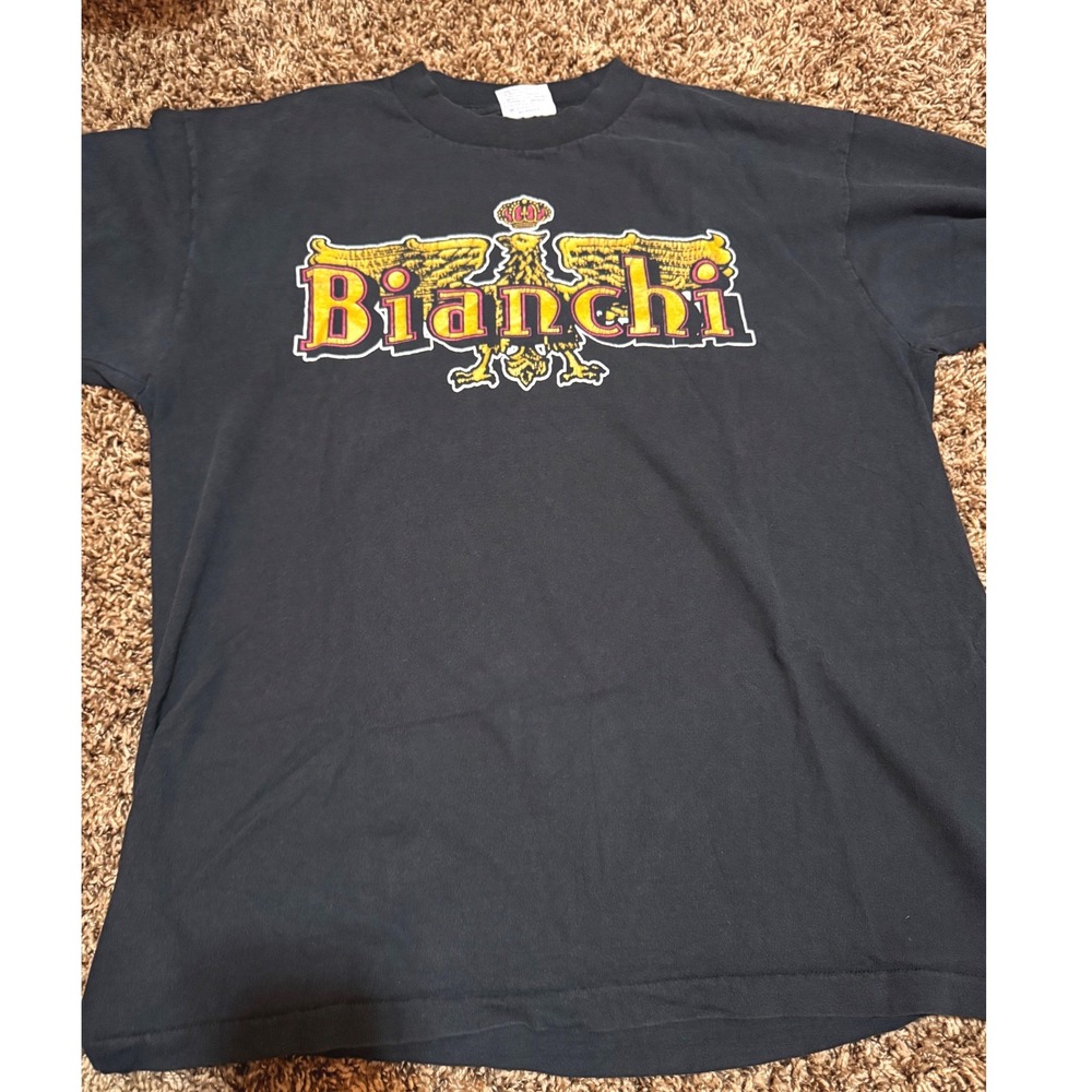 Vintage Bianchi Bicycles Eagle Logo T-Shirt Black All Sport Proweight Large USA
